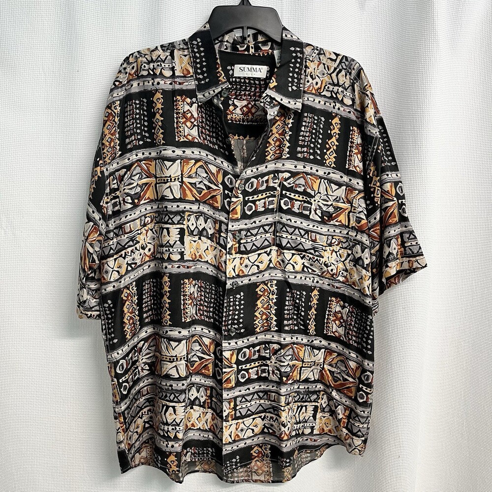 Summa Silk Mens 100% Silk Batik Print Camp Hawaiian‎ Shirt Large Retro